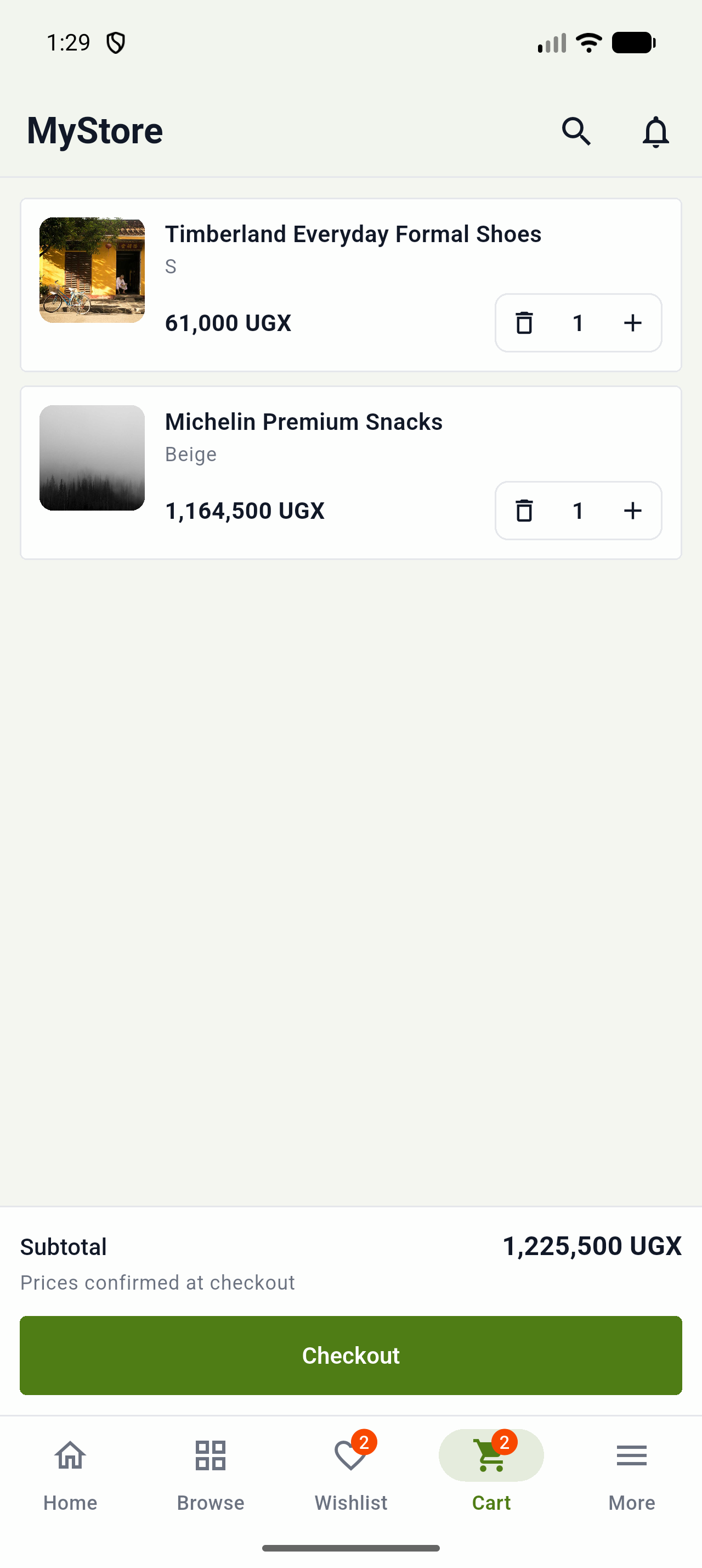 Cart in the shopping app