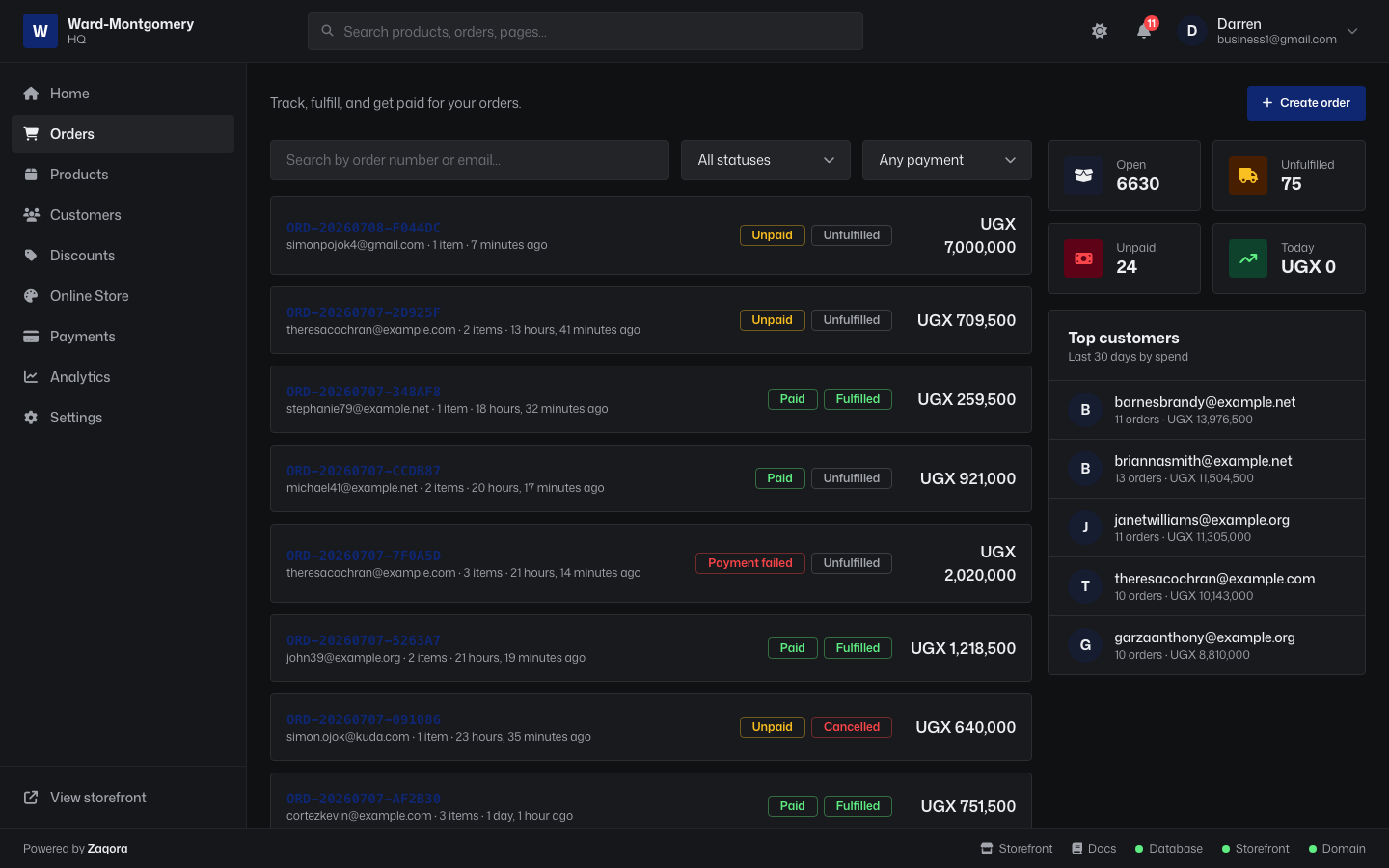 Orders list with payment and fulfillment status
