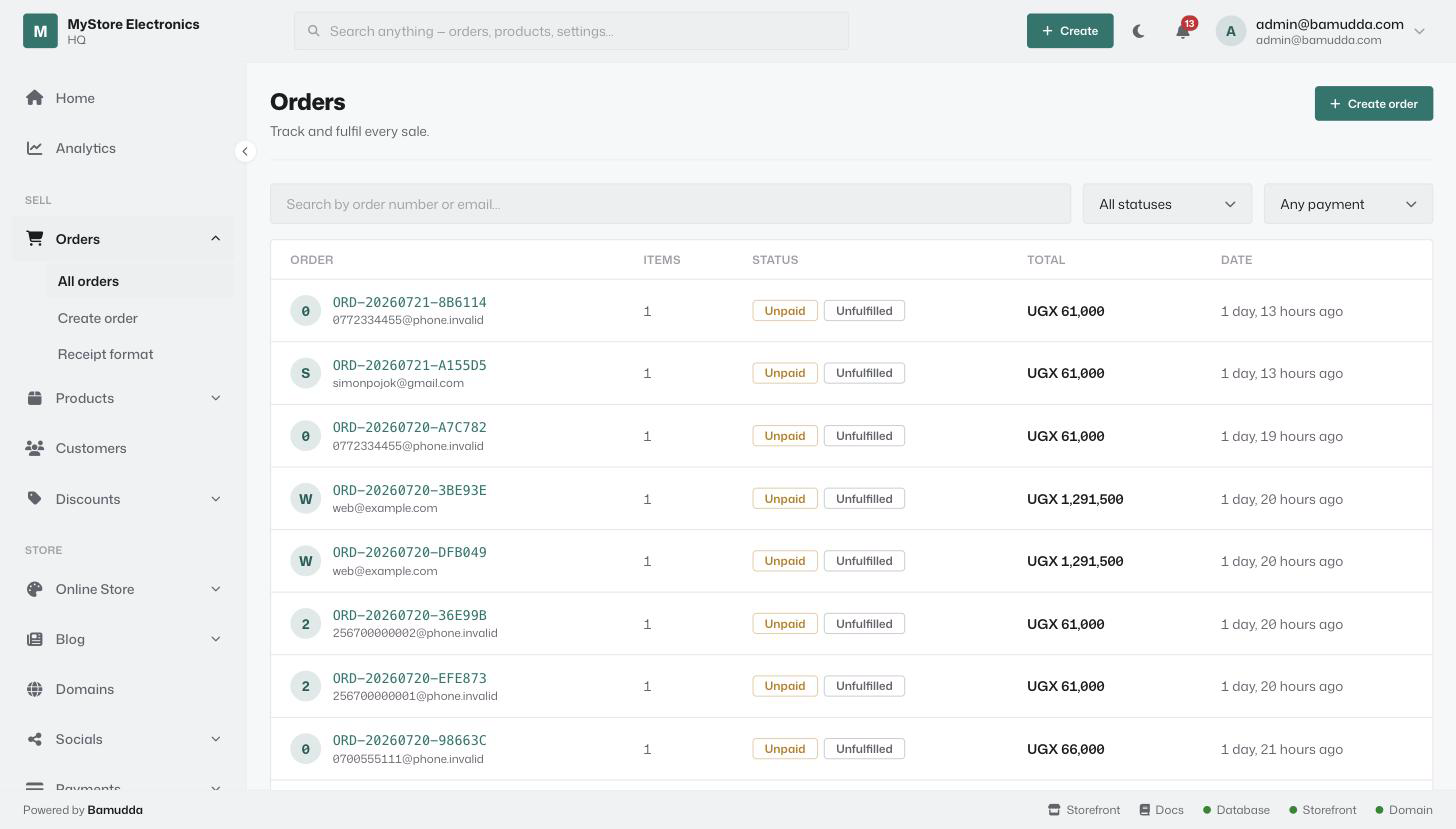 Orders list with payment and fulfillment status