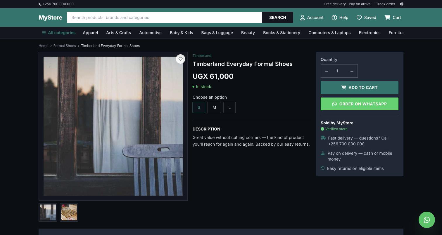 Storefront product page with options and mobile-money checkout