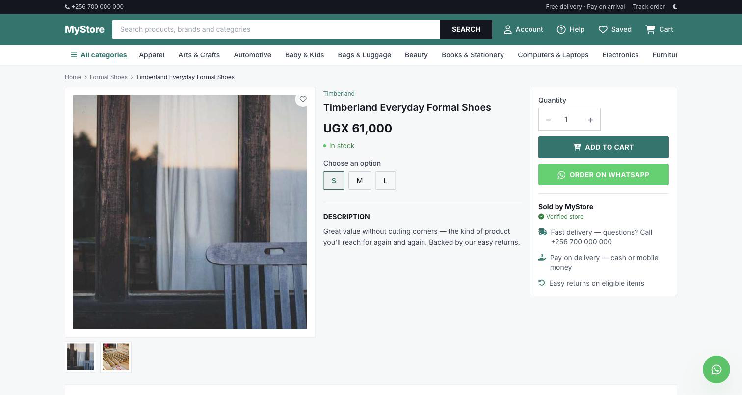 Storefront product page with options and mobile-money checkout